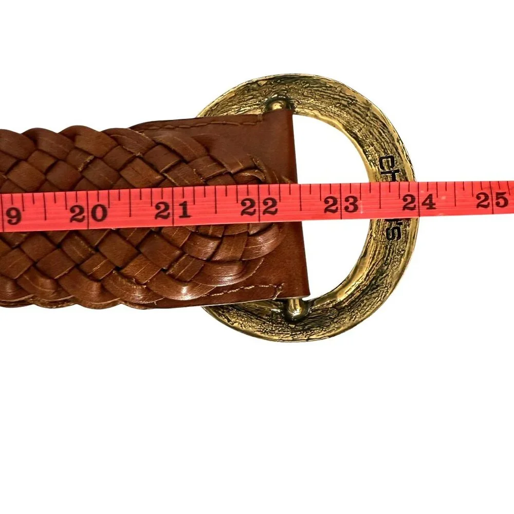 Chico's Macarthy Brown Woven Leather Belt Oversized Brass Buckle 45